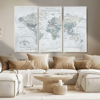 94249974-MGV-CV-36X24-Ours Explore World Map Wall Art – Modern Travel Canvas Print, Neutral Adventure Decor for Living Room, Office, Study, Bedroom,