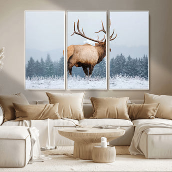 85177251-MGV-CV-36X24-Elk Wall Art – Majestic Wildlife Canvas Print of Bull Elk Snowy Forest, Rustic Nature Decor for Living Room, Cabin, or Office