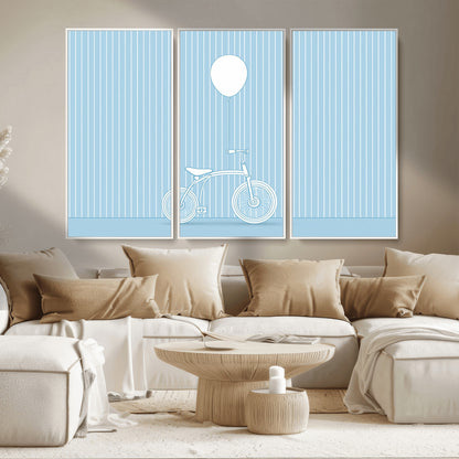 56479838-MGV-FC-48X32-3P_White-Bicycle Wall Art – Minimalist Blue Canvas Print with Balloon Illustration, Modern Decor Artwork for Kids Room, Nursery, or Living
