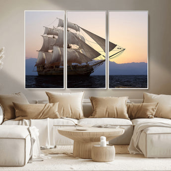 31270610-MGV-CV-36X24-Sailing Ship Wall Art – Sunset Seascape Canvas Print with Tall Ship at Sea, Nautical Ocean Decor for Living Room, Office, or