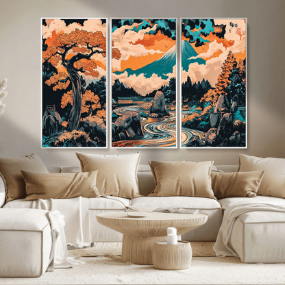 21638941-MGV-FC-48X32-3P_White-Japanese Landscape Wall Art – Mount Fuji and Flowing River Ukiyo-e Style Canvas Print, Traditional Japan Inspired Artwork for