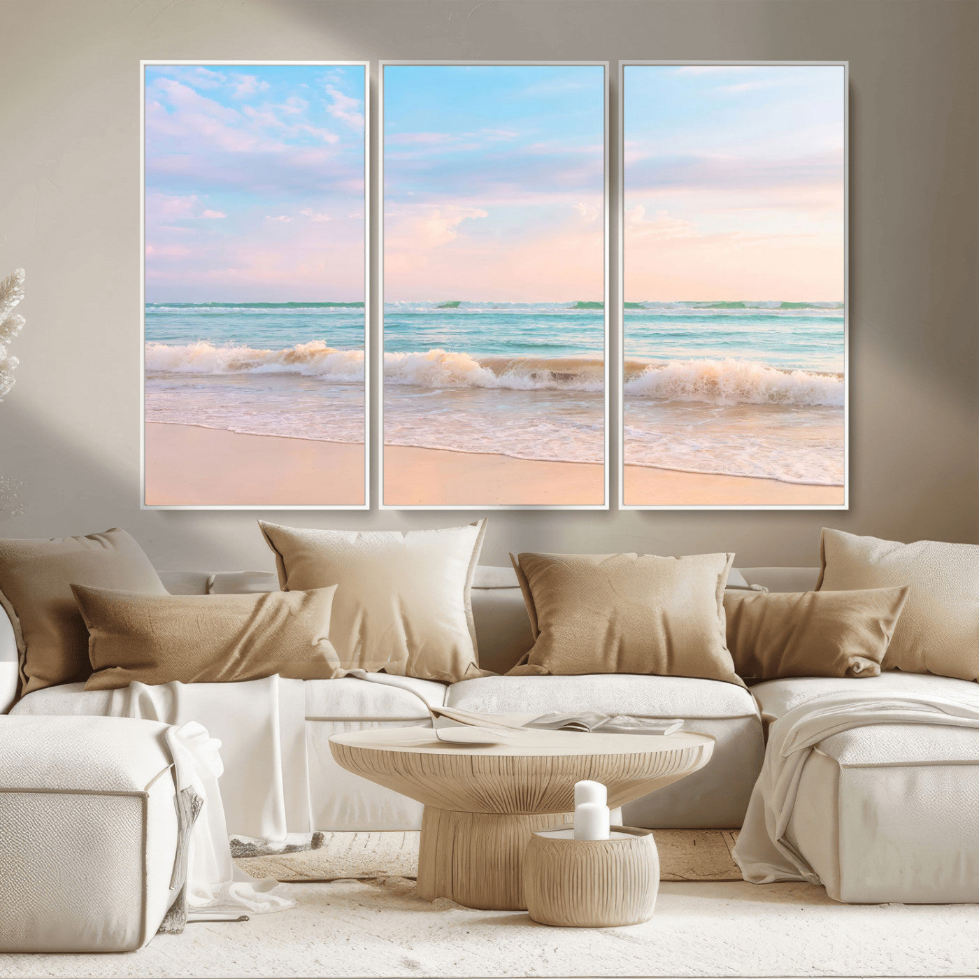 88024944-MGV-CV-36X24-Beach Landscape Wall Art – Coastal Ocean Canvas Print with Gentle Waves and Pastel Sky, Serene Seascape Photography for Living