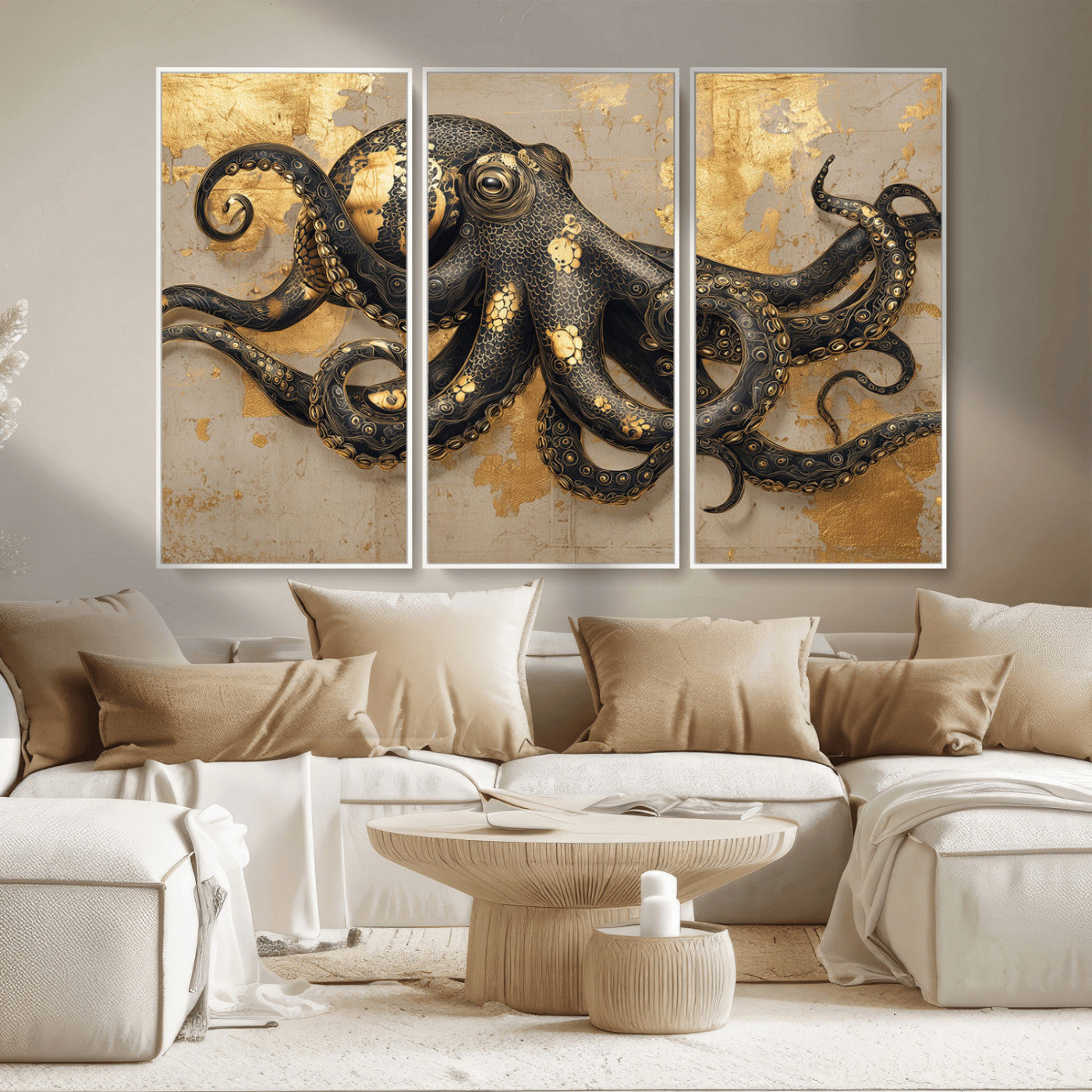 57944271-MGV-CV-36X24-Octopus Wall Art – Black and Gold Nautical Canvas Print, Modern Ocean Inspired Artwork with Elegant Detailing, Coastal Marine