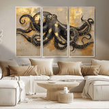57944271-MGV-CV-36X24-Octopus Wall Art – Black and Gold Nautical Canvas Print, Modern Ocean Inspired Artwork with Elegant Detailing, Coastal Marine