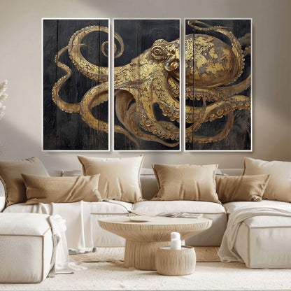 47056538-MGV-CV-36X24-Octopus Canvas Wall Art – Gold Detail, Wooden Texture, Marine Life, Ocean Creature Tentacles, Nautical Coastal Rustic Decor for