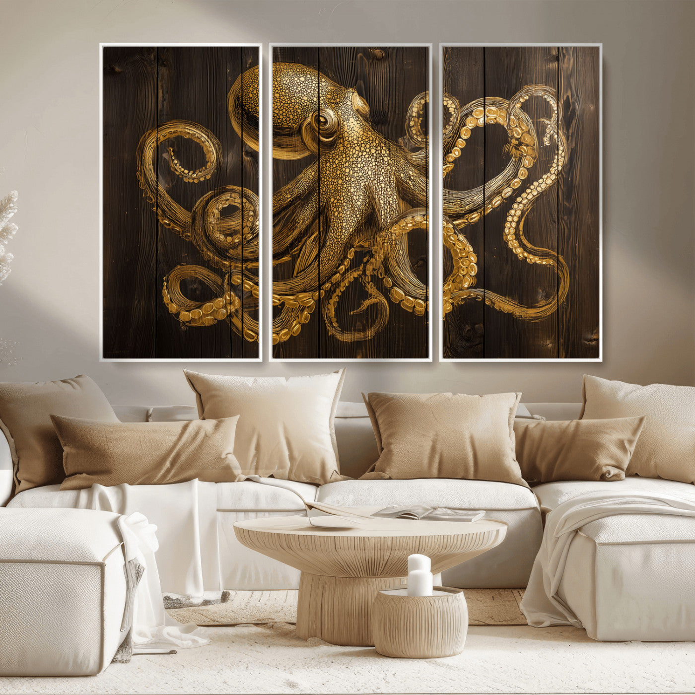 56769669-MGV-CV-36X24-Octopus Wall Art – Gold Nautical Canvas Print with Rustic Wood Panel Design, Detailed Marine Artwork for Coastal Ocean Decoration