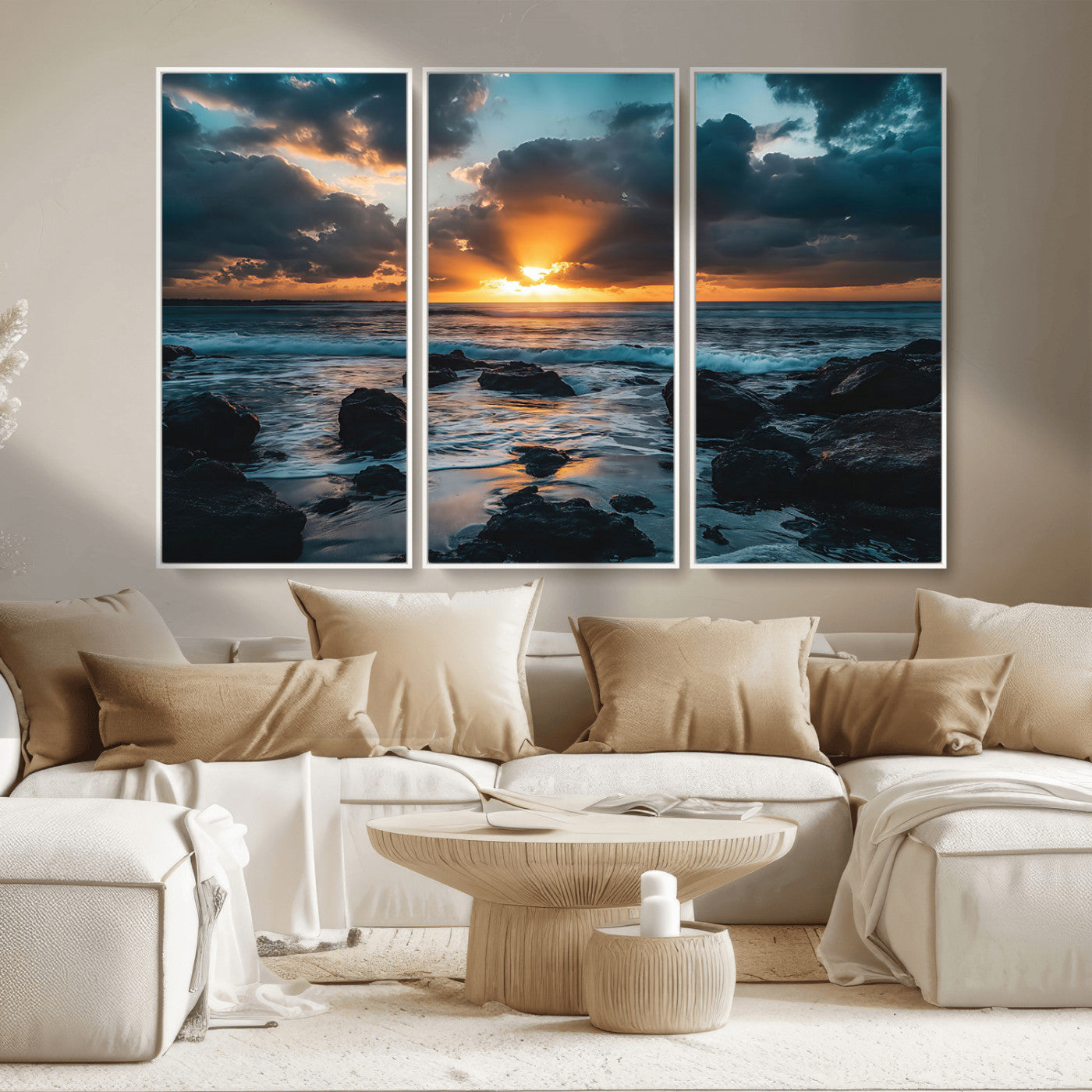 66040852-MGV-CV-36X24-Ocean Sunset Canvas Wall Art – Rocky Shore Waves, Dramatic Clouds, Golden Sun Rays, Coastal Nature, Serene Water Reflection for