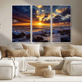 35900590-MGV-CV-36X24-Sunset Ocean Waves Canvas Wall Art – Rocky Shore, Dramatic Sky, Golden Sun Rays, Coastal Beauty, Serene Water Motion for Living
