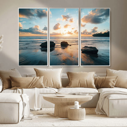 23879436-MGV-CV-36X24-Ocean Sunset Wall Art – Serene Seascape Canvas Print with Golden Sky, Reflections on Sand and Calm Waves, Peaceful Coastal