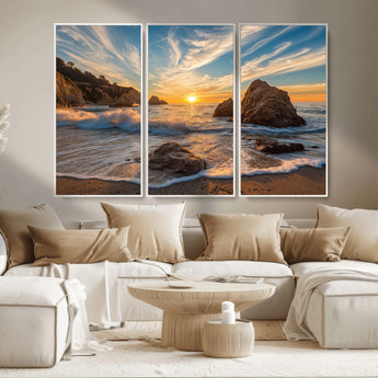 85659923-MGV-CV-36X24-Rocky Ocean Sunset Canvas Wall Art – Seaside Dramatic Seascape Print, Coastal Modern Decor, Ocean Sunset Art for Living Room or