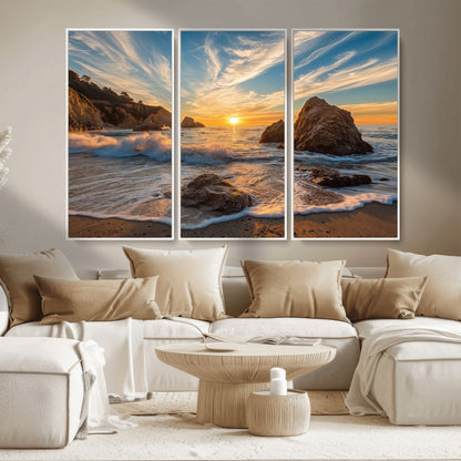 85659923-MGV-CV-36X24-Ocean Sunset Wall Art – Dramatic Seascape Canvas Print with Cliffs, Crashing Waves and Golden Sky, Bold Coastal Photography for