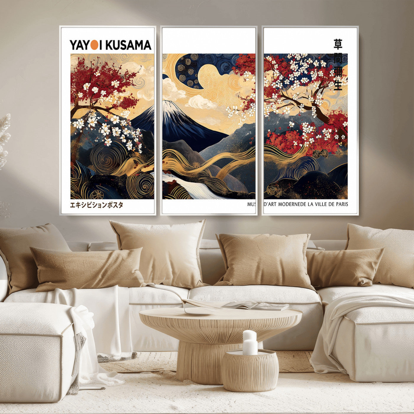 28945903-MGV-CV-36X24-Yayoi Kusama Inspired Japanese Art Canvas Print – Framed Floral & Mt. Fuji Wall Decor, Modern Asian Style Canvas for Home, Office,