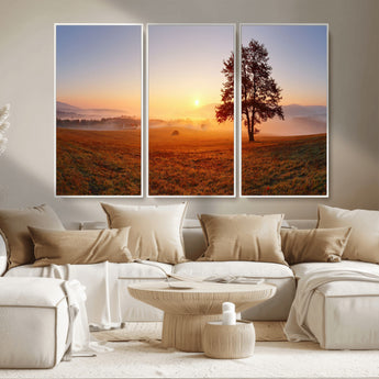 57919623-MGV-CV-36X24-Golden Sunrise Landscape Canvas Wall Art - Framed Misty Field Print, Large Nature Canvas for Living Room, Office, or Home Decor