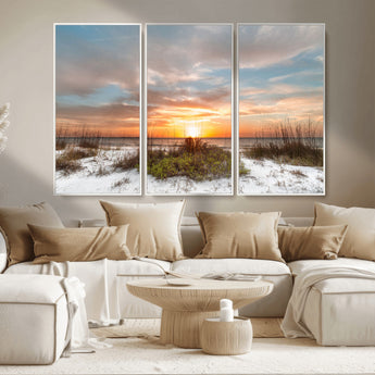 58266230-MGV-CV-36X24-Beach Sunset Wall Art – Coastal Canvas Print with Sandy Dunes, Sea Grass and Golden Sky, Serene Ocean Landscape Photography for