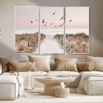 34632598-MGV-CV-36X24-Coastal Pathway Canvas Wall Art – Framed Seaside Landscape, Large Beach and Birds Canvas Print for Home, Office, or Living Room