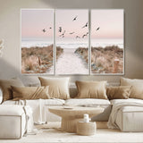 34632598-MGV-CV-36X24-Beach Pathway Wall Art – Coastal Canvas Print with Sandy Trail, Flying Birds and Pastel Sky, Serene Ocean Landscape Photography
