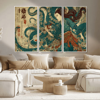 46837670-MGV-CV-36X24-Tsukioka Yoshitoshi Samurai Wall Art Print, Japanese Katana Warrior Canvas Wall Art, Octopus Sea Monster Canvas Print,
