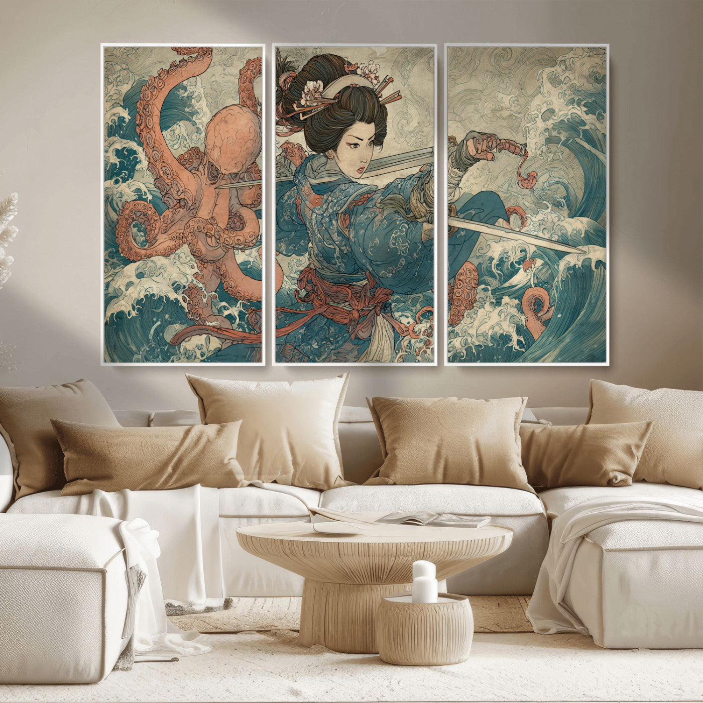 52037775-MGV-CV-36X24-Samurai Woman Wall Art – Japanese Ukiyo e Style Canvas Print with Katana, Ocean Waves and Octopus, Traditional Asian Inspired