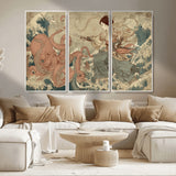 54879547-MGV-CV-36X24-Tsukioka Yoshitoshi Samurai Wall Art Print, Japanese Katana Warrior Canvas Wall Art, Octopus Sea Monster Canvas Print,