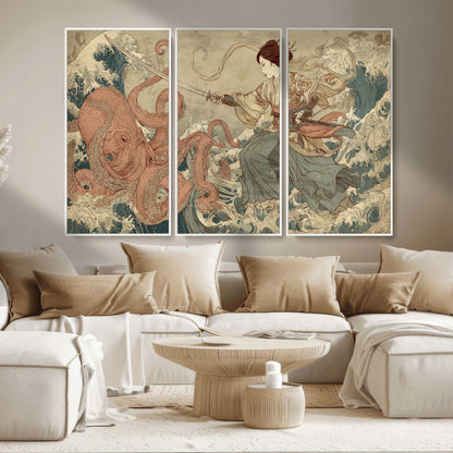 54879547-MGV-FC-48X32-3P_White-Samurai Woman Wall Art – Japanese Ukiyo-e Style Canvas Print with Katana and Octopus, Traditional Asian Inspired Battle Artwork