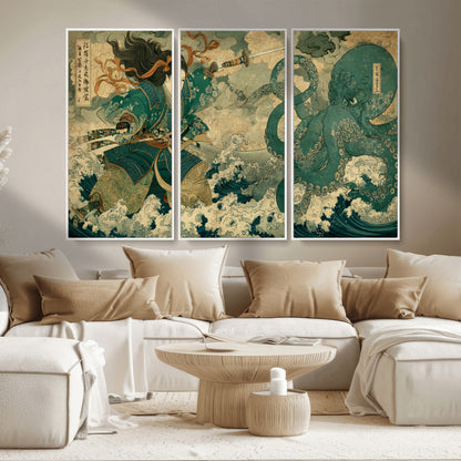 24416422-MGV-CV-36X24-Samurai vs Octopus Wall Art – Japanese Warrior Ocean Battle Canvas Print, Ukiyo e Inspired Decor for Home, Office, or Man Cave