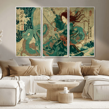 86918027-MGV-CV-36X24-Samurai Warrior vs Octopus Wall Art – Japanese Ukiyo-e Ocean Battle Canvas Print, Traditional Samurai Artwork for Living Room,