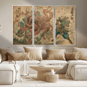 63782167-MGV-CV-36X24-Tsukioka Yoshitoshi Samurai Wall Art Print, Japanese Katana Warrior Canvas Wall Art, Octopus Sea Monster Canvas Print,