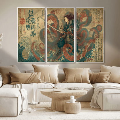 98593115-MGV-CV-36X24-Tsukioka Yoshitoshi Samurai Wall Art Print, Japanese Katana Warrior Canvas Wall Art, Octopus Sea Monster Canvas Print,