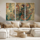 98593115-MGV-CV-36X24-Samurai Warrior vs Octopus Wall Art – Japanese Ukiyo-e Calligraphy Canvas Print, Ocean Battle Scene Artwork for Living Room,