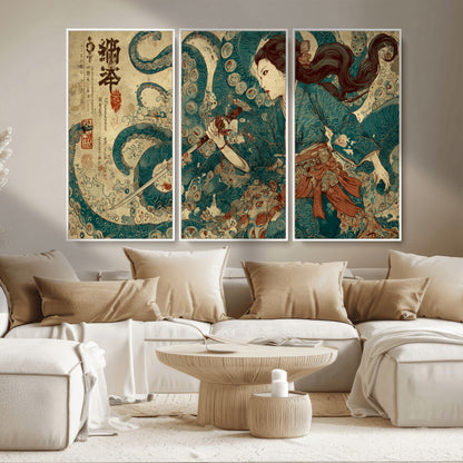 18575670-MGV-CV-36X24-Samurai Woman vs Octopus Wall Art – Japanese Ukiyo-e Ocean Battle Canvas Print, Traditional Warrior Artwork for Living Room,