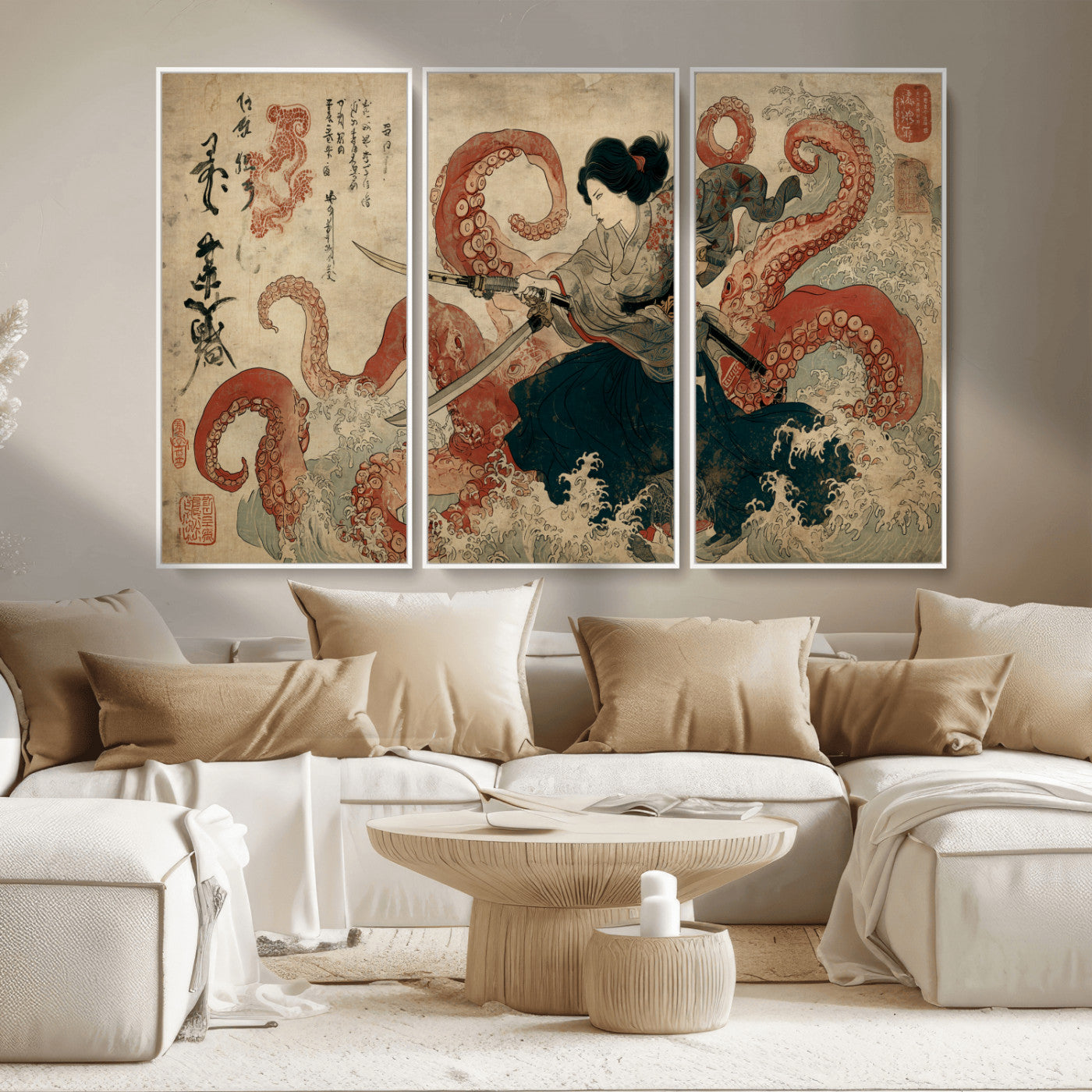 50812504-MGV-CV-36X24-Tsukioka Yoshitoshi Samurai Wall Art Print, Japanese Katana Warrior Canvas Wall Art, Octopus Sea Monster Canvas Print,