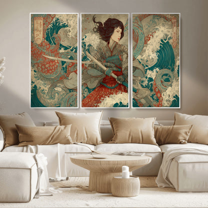 63377977-MGV-CV-36X24-Tsukioka Yoshitoshi Samurai Wall Art Print, Japanese Katana Warrior Canvas Wall Art, Octopus Sea Monster Canvas Print,