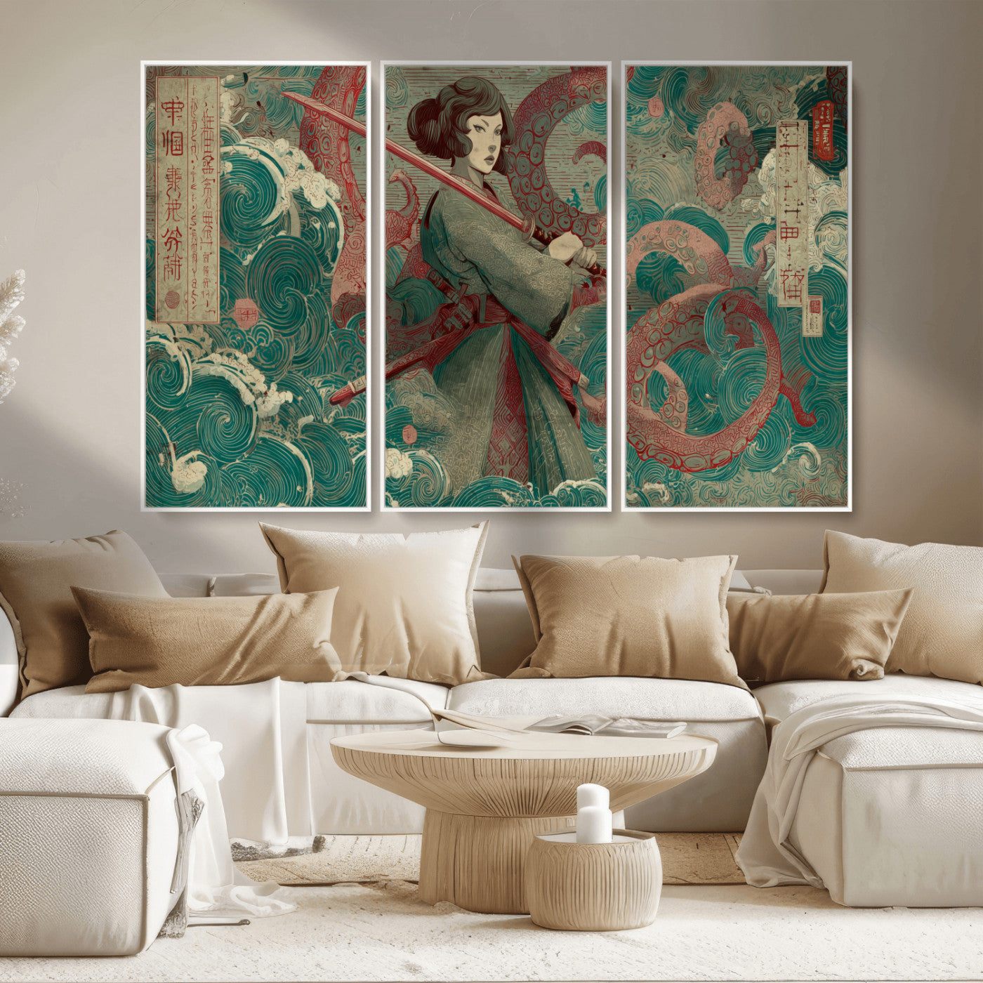 91666601-MGV-CV-36X24-Samurai Woman vs Octopus Wall Art – Japanese Ukiyo-e Green Robe Canvas Print, Ocean Battle Artwork for Living Room, Office, Man