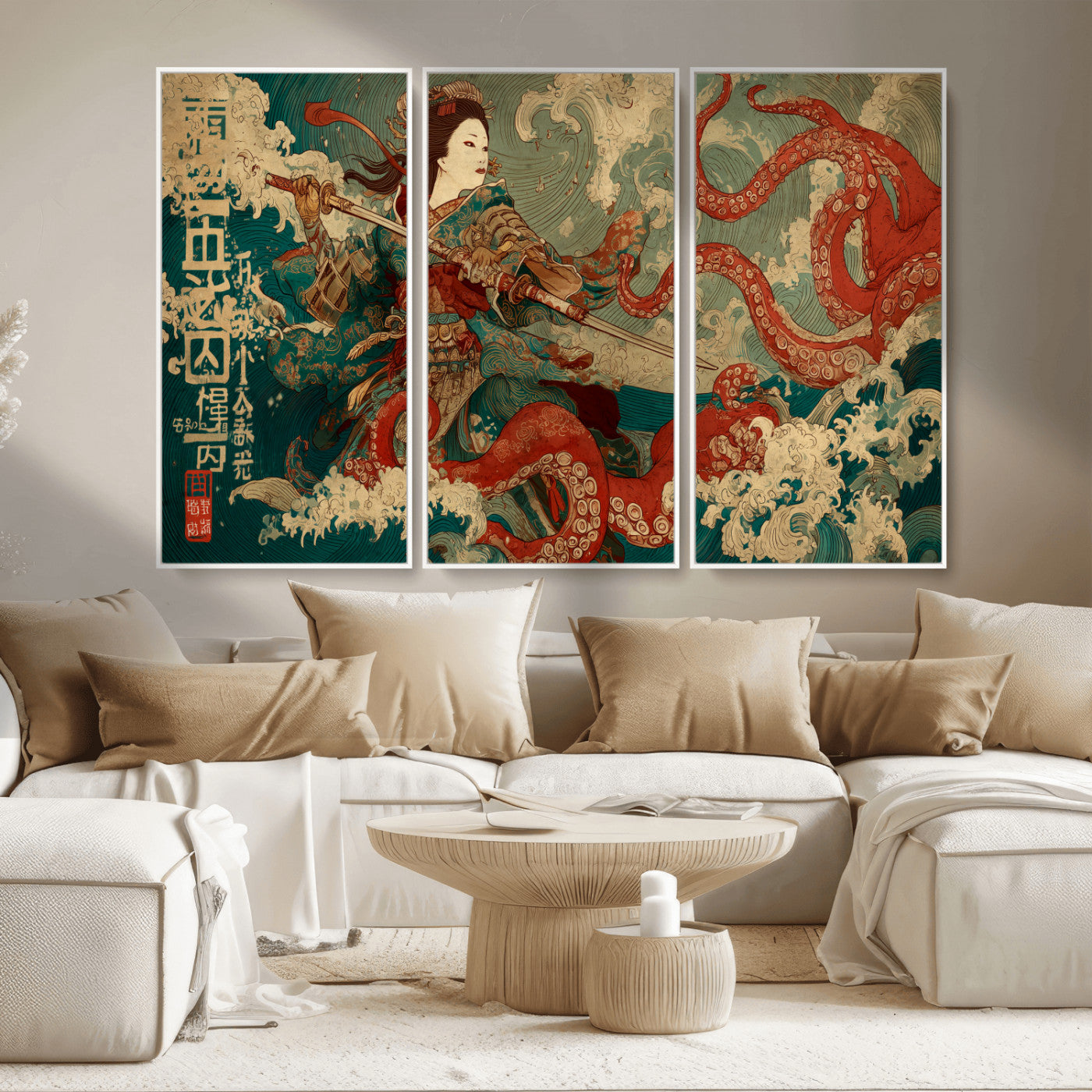60201267-MGV-CV-36X24-Samurai Woman vs Octopus Wall Art – Japanese Ukiyo-e Armor Canvas Print, Red Tentacle Ocean Battle Artwork for Living Room,