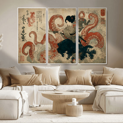 82737246-MGV-CV-36X24-Samurai Woman vs Octopus Wall Art – Japanese Ukiyo-e Dual Sword Canvas Print, Red Tentacle Ocean Battle Artwork for Living Room,