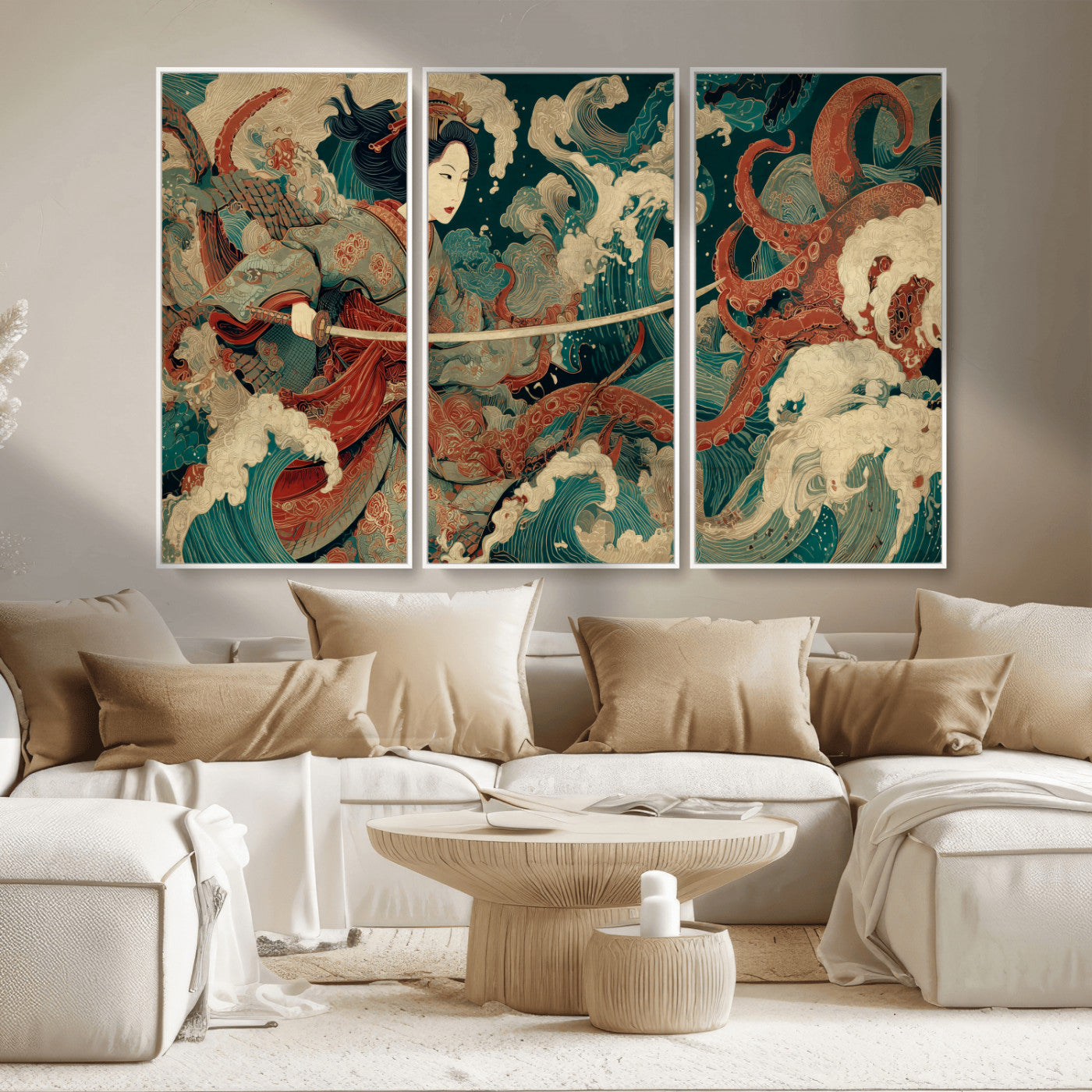 30212982-MGV-CV-36X24-Samurai Woman vs Octopus Wall Art – Japanese Ukiyo-e Style Warrior and Sea Monster Canvas Print, Mythology Inspired Artwork for