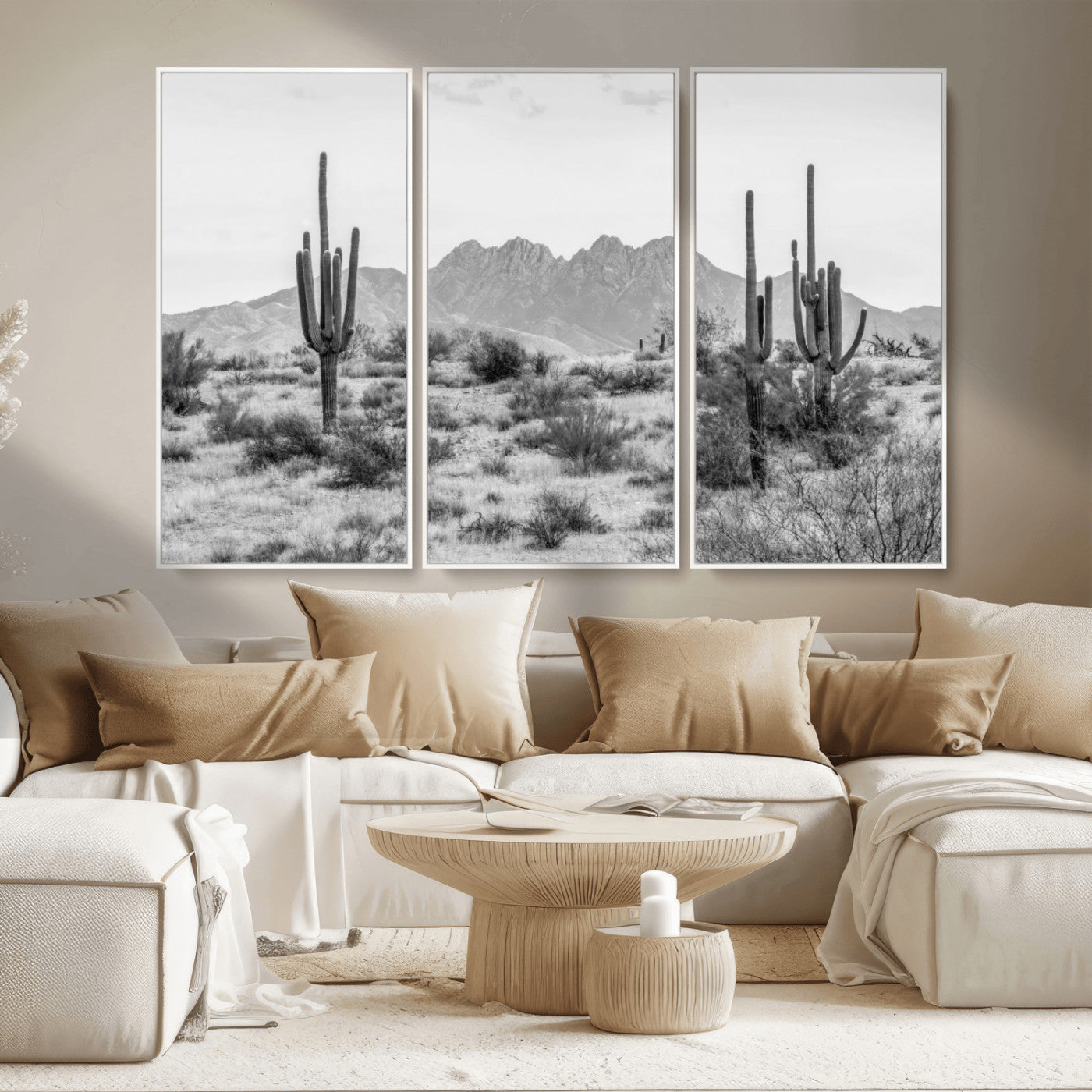 97436PHN-MGV-CV-36X24-Desert Landscape Wall Art – Black and White Cactus and Mountain Canvas Print, Southwestern Nature Photography for Living Room,