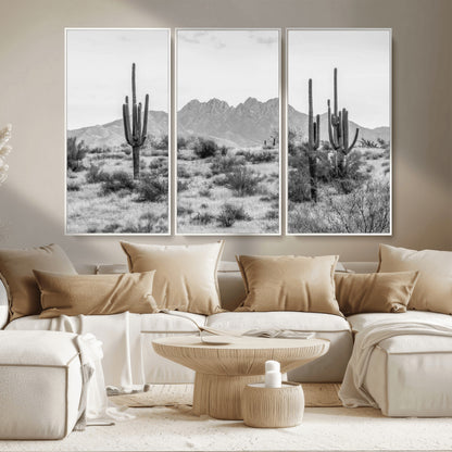 97436PHN-MGV-CV-36X24-Desert Landscape Wall Art – Black and White Cactus and Mountain Canvas Print, Southwestern Nature Photography for Living Room,