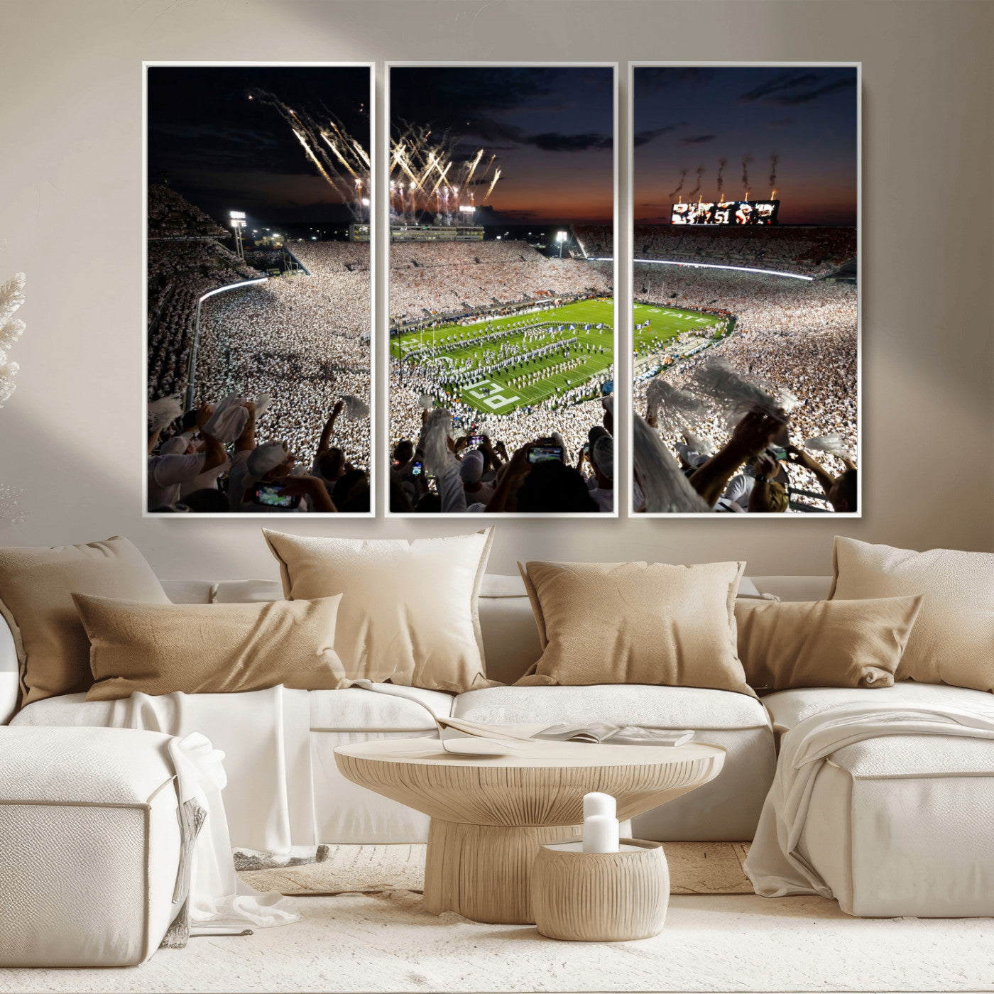 Penn-MGV-CV-36X24-Football Stadium Wall Art – Panoramic Night Game Canvas Print, Packed Crowd with Fireworks, Sports Decor for Office, Man Cave, Bar