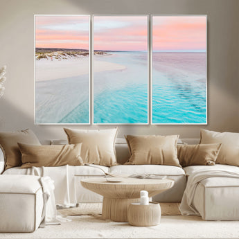 41613614-MGV-FC-48X32-3P_White-Beach Sunset Wall Art – Pastel Ocean Canvas Print, Turquoise Water and Pink Sky Photography Decor for Bedroom, Living Room, Office
