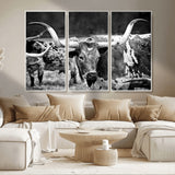 15425553-MGV-CV-36X24-Western Wall Art – Longhorn Cattle Black and White Canvas Print, Rustic Ranch Photography Decor for Bedroom, Living Room, Office,