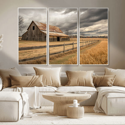 21991117-MGV-CV-36X24-Rustic Barn Wall Art – Weathered Farmhouse Canvas Print, Stormy Sky and Golden Field Photography Decor for Bedroom, Living Room,