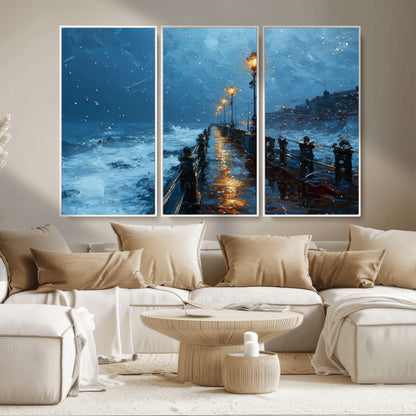 93793246-MGV-CV-36X24-Stormy Night Pier Canvas Wall Art – Moody Ocean Landscape with Lights, Blue Coastal Seascape Print for Bedroom, Living Room,