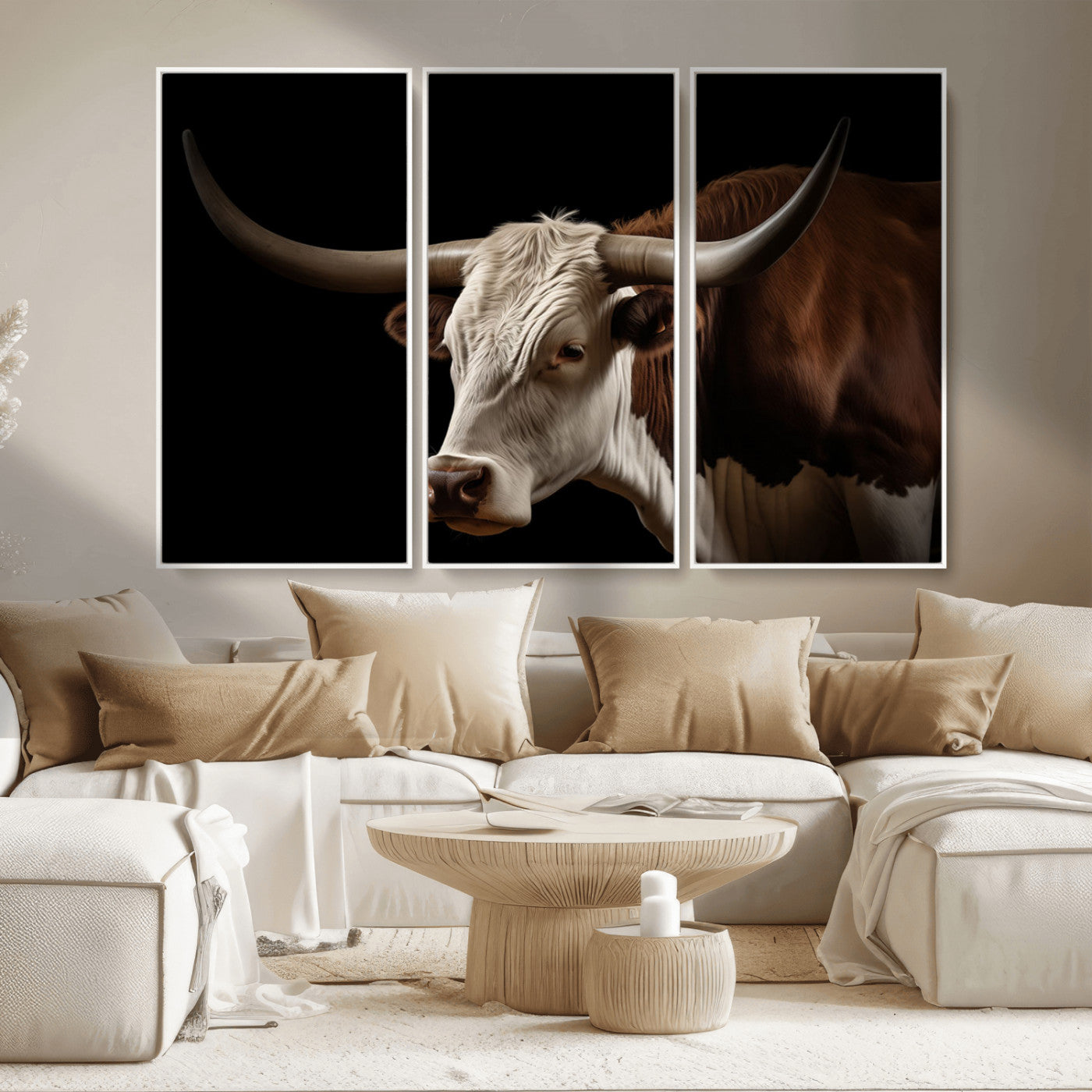 27414857-MGV-CV-36X24-Longhorn Bull Wall Art – Dramatic Western Steer Portrait Canvas Print, Rustic Farmhouse Animal Decor for Living Room, Office, or
