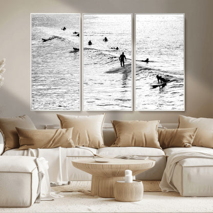 68018616-MGV-CV-36X24-Black and White Surf Photography Print – Minimalist Ocean Wall Art, Surfers Riding Waves, Coastal Beach Decor for Modern Home or