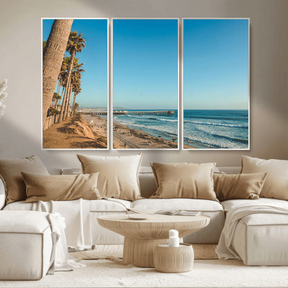 92568259-MGV-CV-36X24-California Beach Wall Art – Palm Tree Pier Canvas Print, Coastal Ocean Photography Seaside Decor for Living Room, Bedroom, Office,