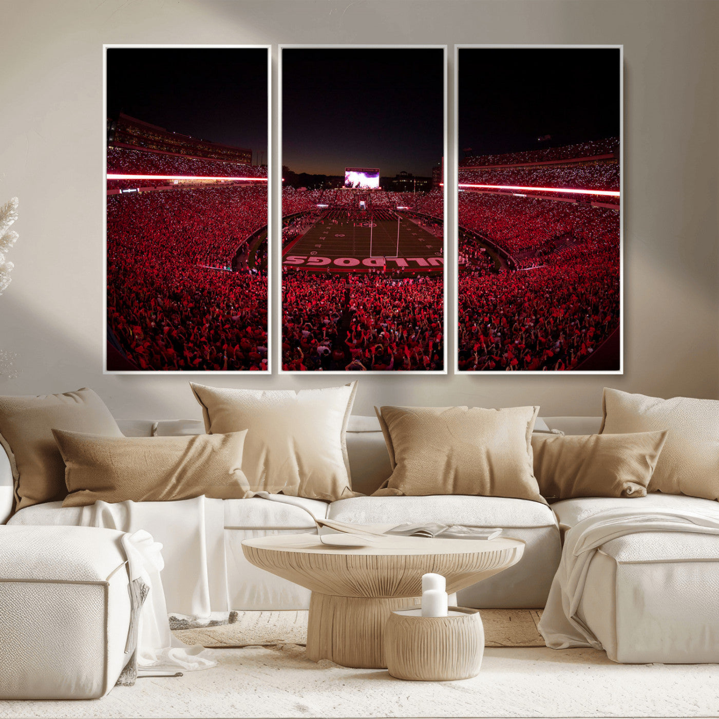 38331045-MGV-CV-36X24-Sanford Stadium Wall Art – Panoramic Georgia Bulldogs Red Light Game Football Canvas Print, Night Crowd Sports Decor for Office,