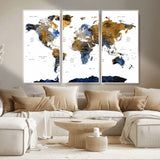 MGV-FC-48X32-3P - World Map Wall Art Canvas Print, Framed Blue Gold Map Art Picture Print, Rustic Atlas Perfect Rustic Modern Decor Artwork