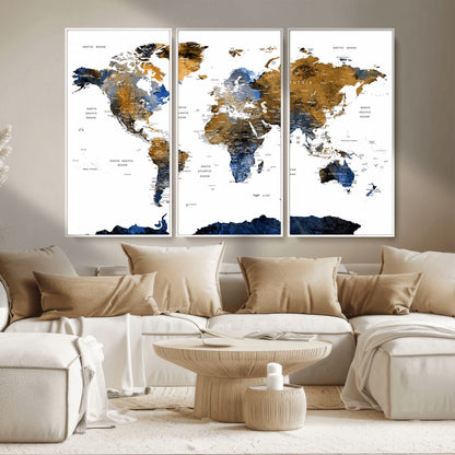MGV-FC-48X32-3P - World Map Wall Art Canvas Print, Framed Blue Gold Map Art Picture Print, Rustic Atlas Perfect Rustic Modern Decor Artwork