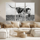 83785-MGV-CV-36X24-Texas Longhorn Wall Art Canvas Print, Framed Horned Bull Art Picture Print, Monochrome Cattle Perfect Rustic Western Decor Artwork